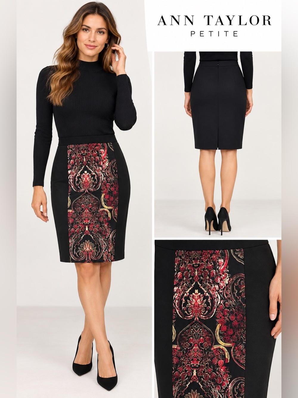 NWT Ann Taylor Petite 8P Paisley Panel Pencil Skirt Black Red